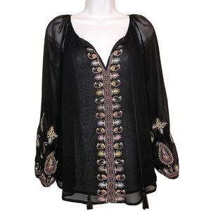 NWOT V Christina Embroidered Black Long Sleeve Peasant Blouse Top S